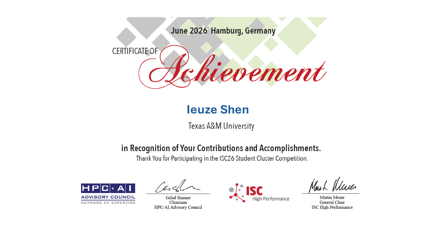 ISC26 学生集群竞赛证书：Ieuze Shen，德州农工大学，2026 年 6 月，德国汉堡。